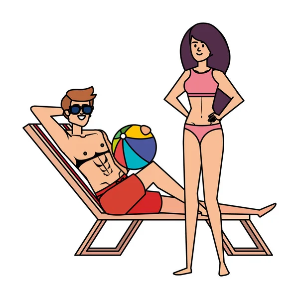 Joven pareja relajante en silla de playa con globo juguete — Archivo Imágenes Vectoriales