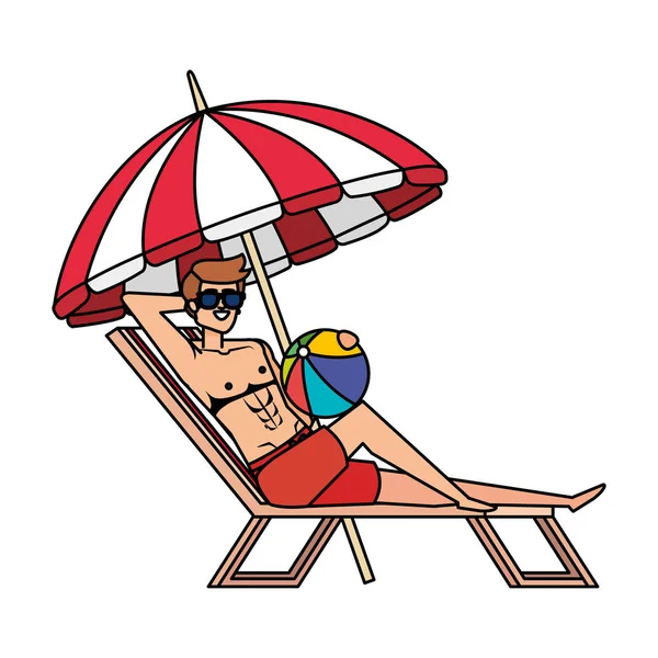 Joven en silla de playa con globo juguete y paraguas — Vector de stock