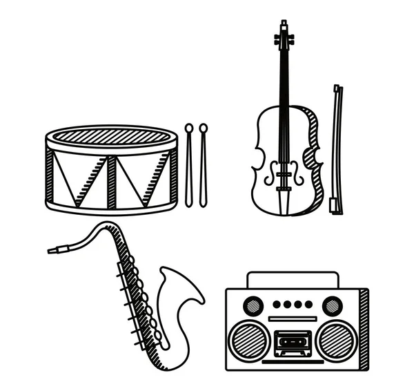 Set Drum met viool en saxofoon instrument met radio — Stockvector