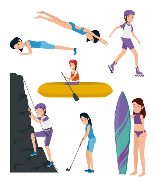 Conjunto de niñas entrenamiento ejercicio actividad estilo de vida — Vector de stock