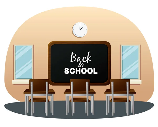 Klassenzimmer mit Tafel und Schreibtisch mit Uhr und Fenster — Stockvektor