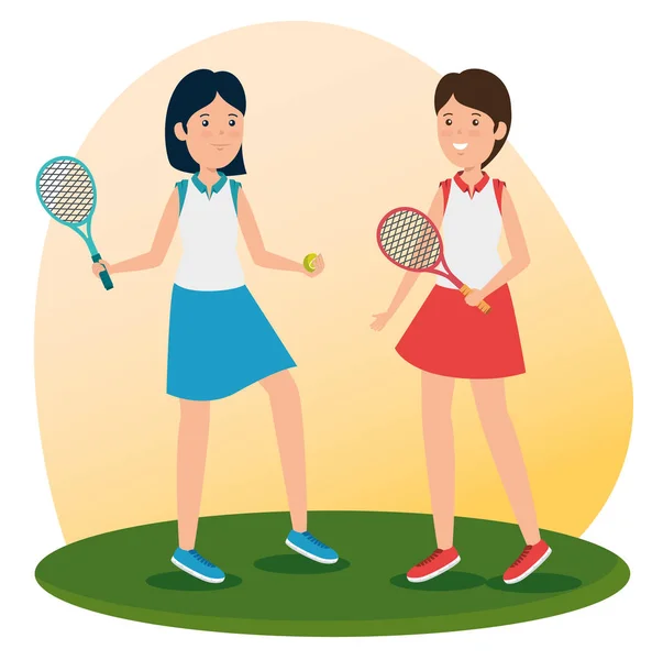 Girls practice tennis with racket and uniform — Stock Vector