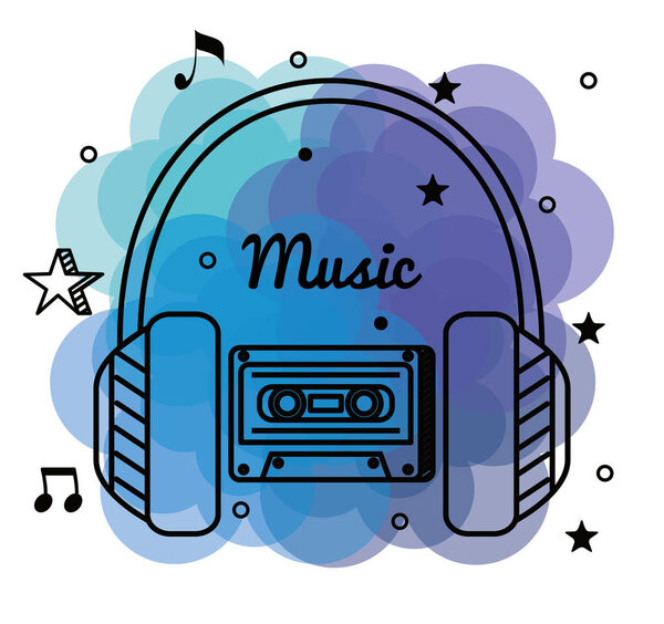 headphones and cassette with treble clef and quaver with beam notes