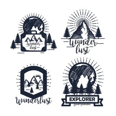 evrak çantası ve çam ağaçları ile karlı dağlar ile toprak gezegen seti