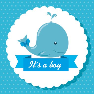 label of blue whale and ribbon with its a boy message
