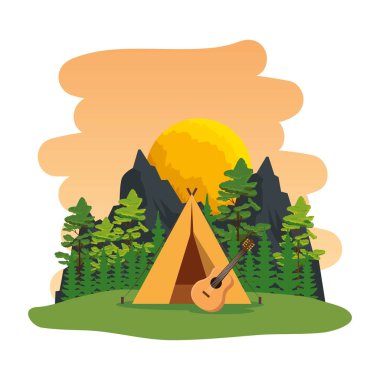 kamp çadırı ve gitar sahnesi ile kamp bölgesi