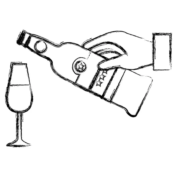 Χέρι με μπουκάλι κρασί και φλιτζάνι — Διανυσματικό Αρχείο
