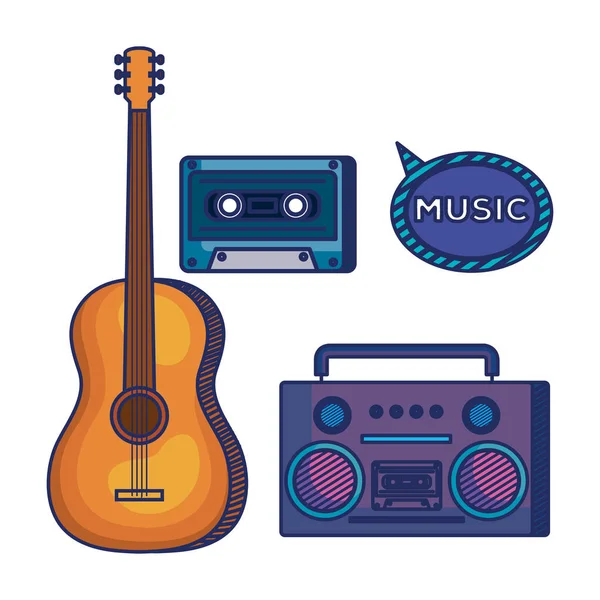 Conjunto de instrumento de guitarra con radio de juego y cassette — Vector de stock