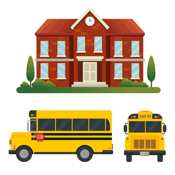Set of school with trees and bus vehicle transport — Stock Vector