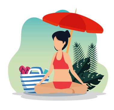 Şemsiyeli ve terlikli bir kadın çantasının içinde yapraklarla oturuyor.