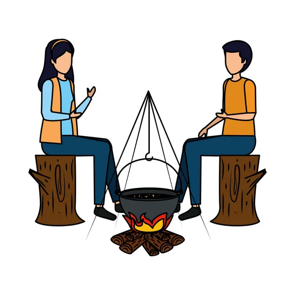 夫妇在木火用锅做饭 — 图库矢量图片