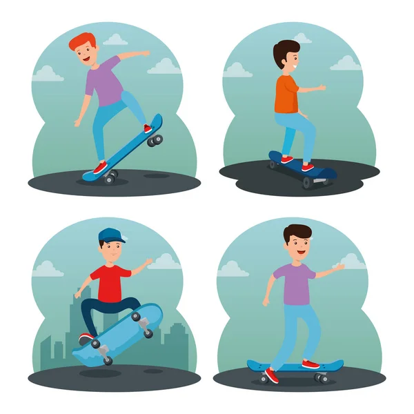 Conjunto de meninos felizes e meninas brincadeiras skate — Vetor de Stock