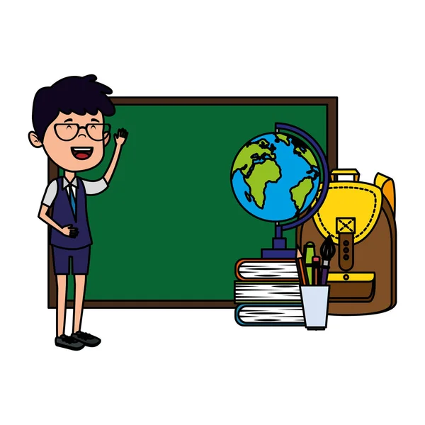 Szczęśliwy uczeń chłopiec z tablica i mapa świata — Wektor stockowy