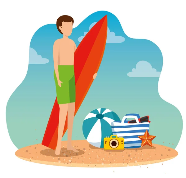 Mann i badedrakt med surfebrett og ball med kamera – stockvektor