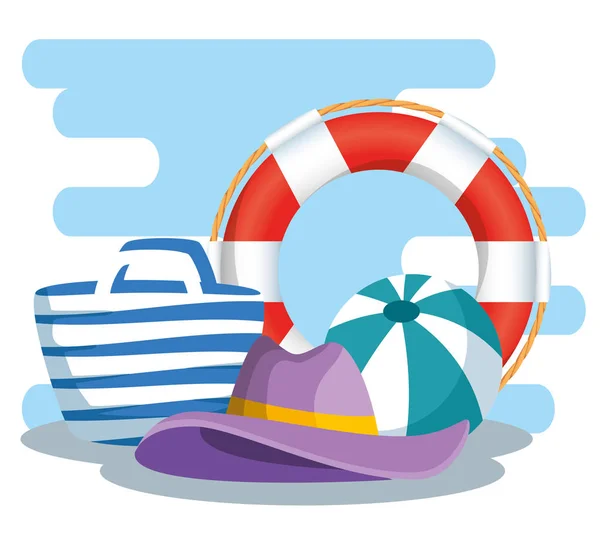 Flotar con bola y sombrero con monedero en las vacaciones — Vector de stock