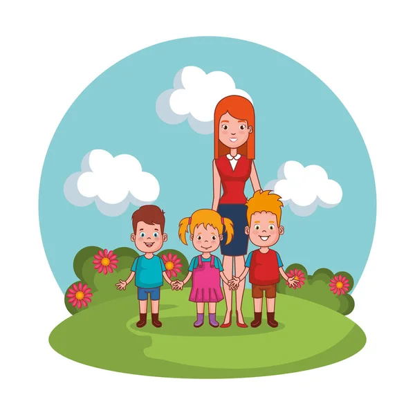 Mother with kids family in the landscape — Stock Vector