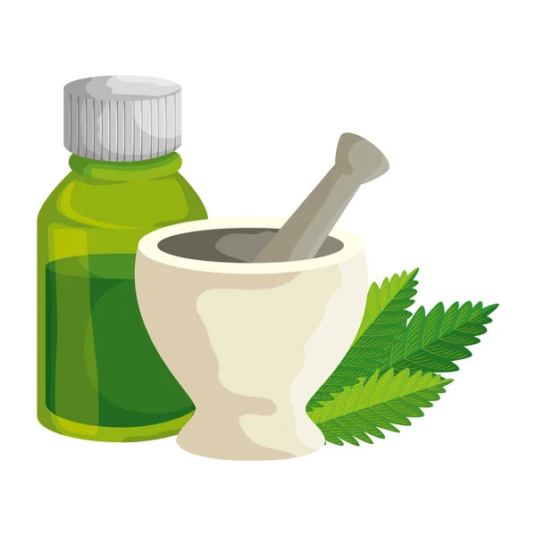 Pill grinder with cannabis leafs and bottle — Stock Vector