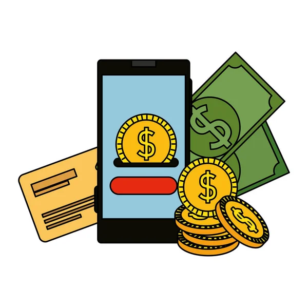Smartphone con moneta dollaro e carta di credito — Vettoriale Stock