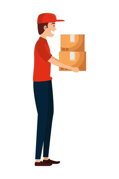 Worker of delivery service lifting carton box — 스톡 벡터