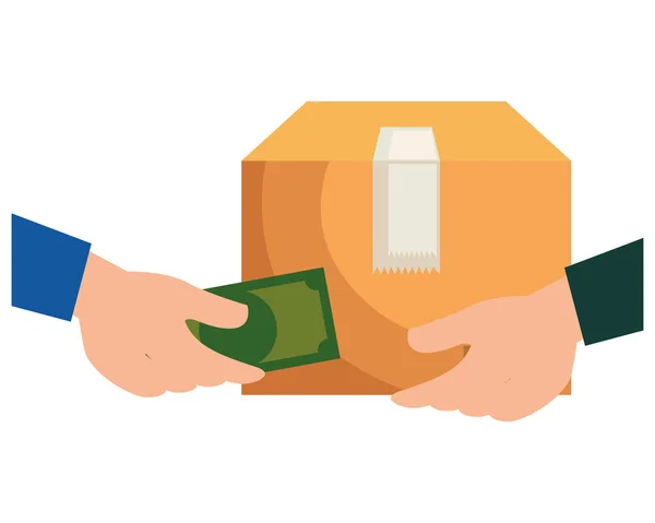 Händer förhandlar med box och pengar leveransservice — Stock vektor