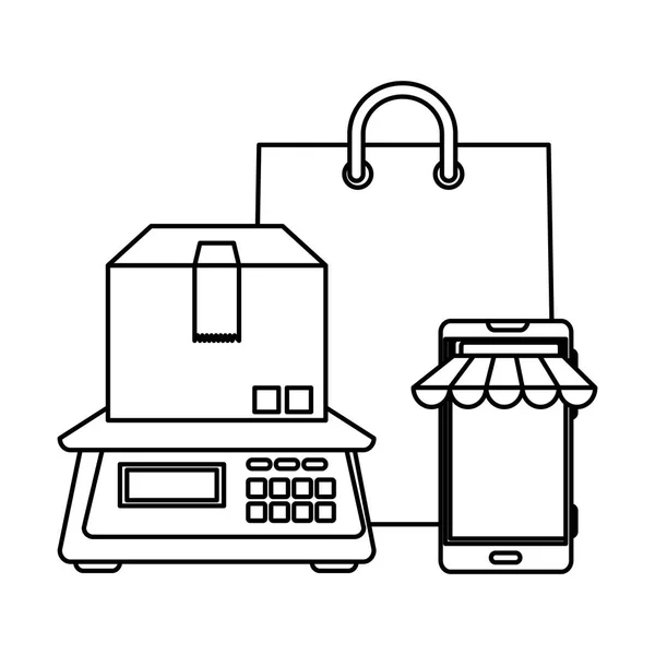 Κιβώτιο συσκευασία συσκευασίας με ψηφιακή ισορροπία και τσάντα για ψώνια — Διανυσματικό Αρχείο