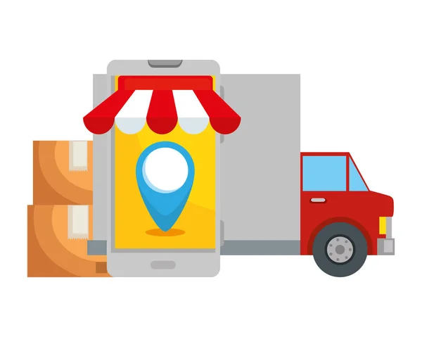 Delivery service truck with smartphone and boxes — Stock Vector