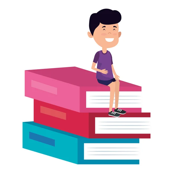 Happy student boy seated in pile books — Stock Vector