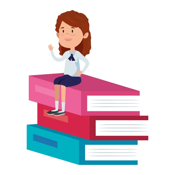 Χαρούμενη μαθήτρια που κάθεται σε βιβλία σωρού — Διανυσματικό Αρχείο