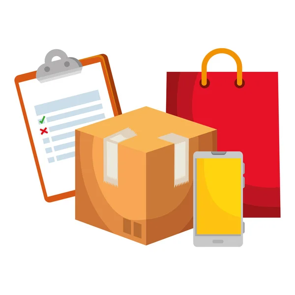 Box carton with smartphone and checklist — Stock Vector