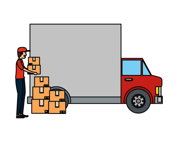 Werknemer van de bezorgdienst met vrachtwagen en dozen — Stockvector