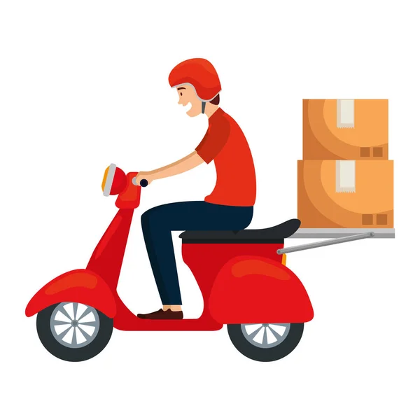 Trabajador del servicio de entrega en moto con cajas — Vector de stock