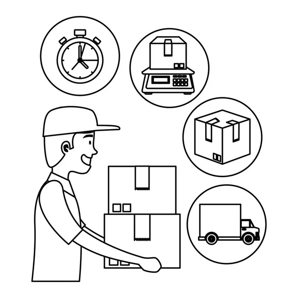 Работник службы доставки подъемных коробок и иконок — стоковый вектор