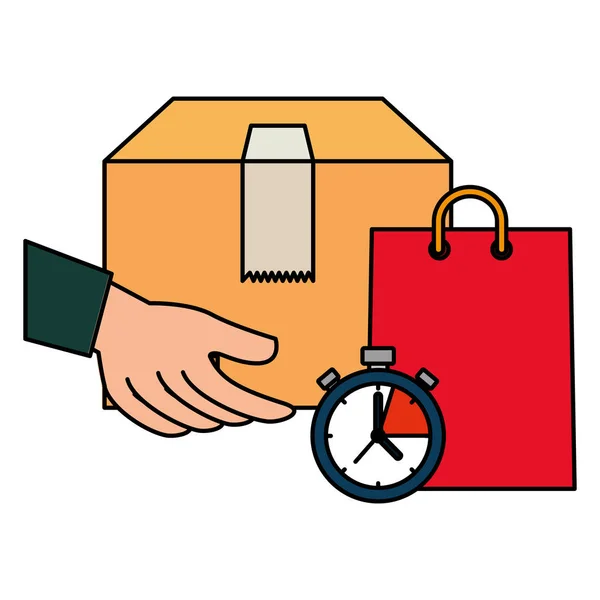 Boîte carton avec sac à provisions et chronomètre — Image vectorielle