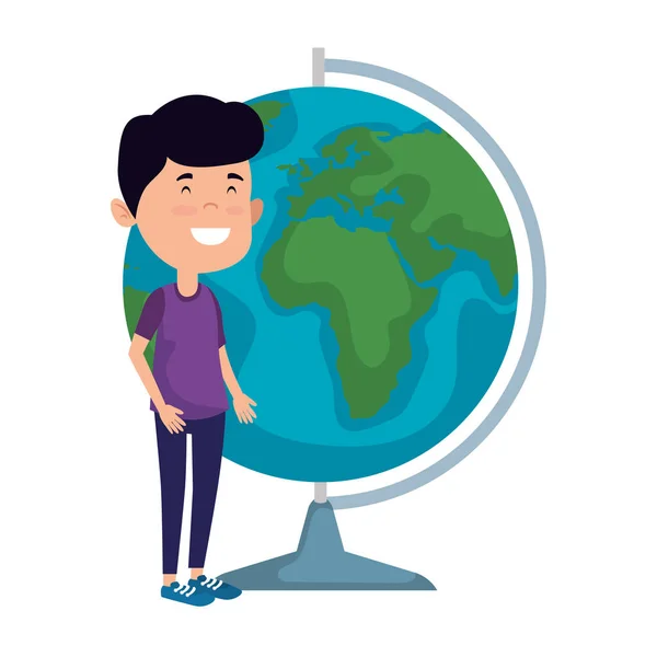 Dünya haritası kaynağı ile mutlu öğrenci çocuk — Stok Vektör