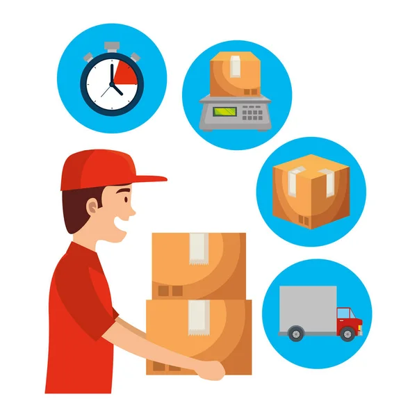 Worker of delivery service lifting boxes and set icons — Stock Vector