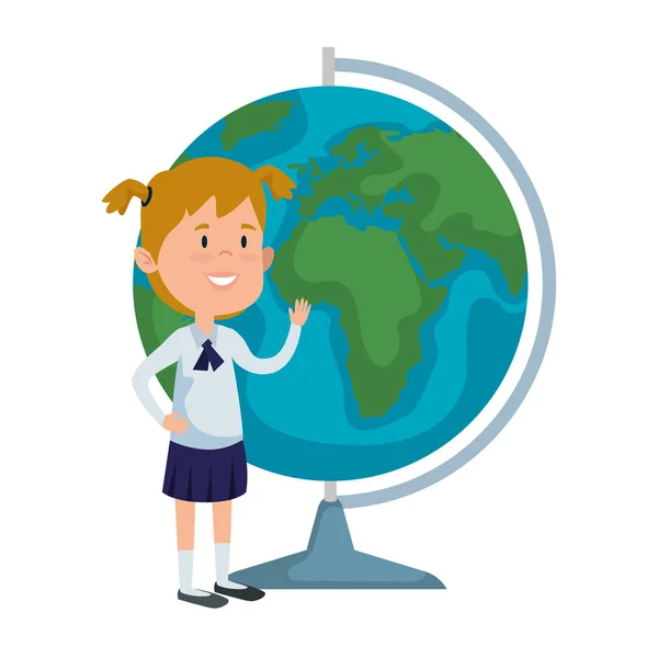 Menina estudante feliz com oferta mapa do mundo — Vetor de Stock