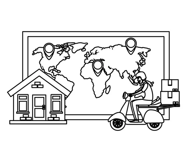 Trabalhador do serviço de entrega em motocicleta com casa e mapa —  Vetores de Stock