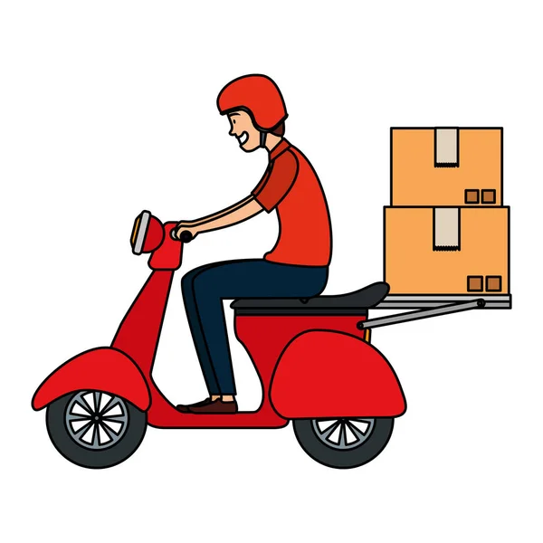 Trabajador del servicio de entrega en moto con cajas — Archivo Imágenes Vectoriales