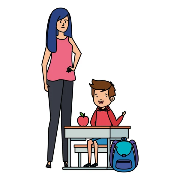 Студентський хлопчик сидить у шкільному столі з вчителькою — стоковий вектор