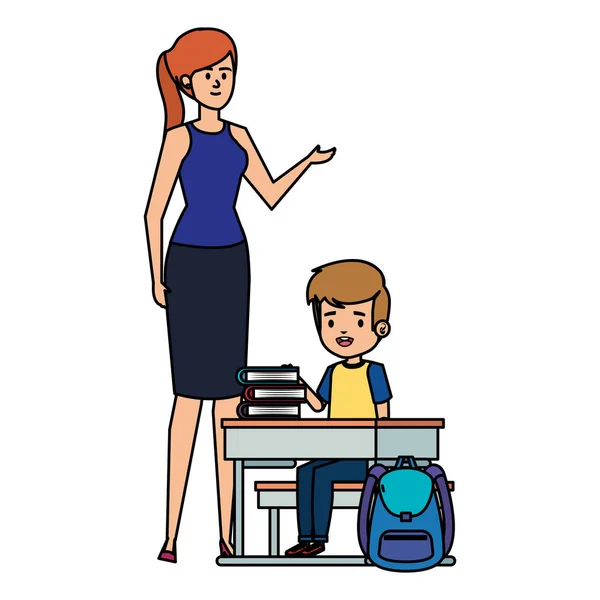 Student boy seated in school desk with female teacher — Stock Vector