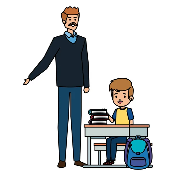 Tanuló fiú, aki az iskolai íróasztalnál ül, és férfi tanár — Stock Vector