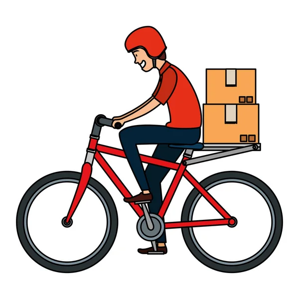 Worker of delivery service in bicycle with boxes — Stock Vector