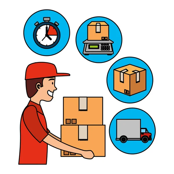 送货服务起重箱和设置图标的工作人员 — 图库矢量图片
