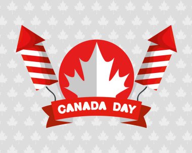 label of canada leaf with fireworks and ribbon decoration