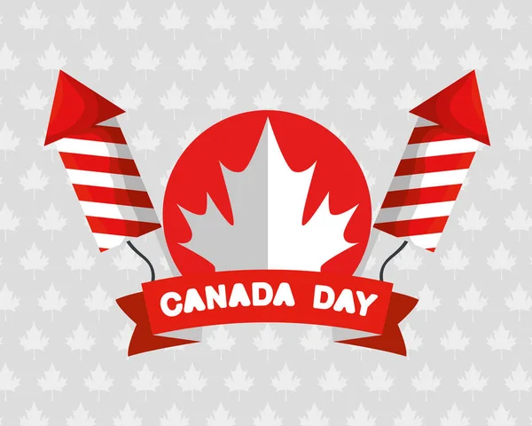 Label of canada leaf with fireworks and ribbon decoration — Stock vektor