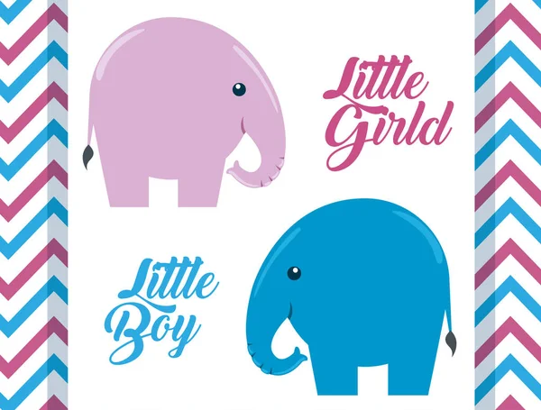 Brief invitaion set van kleine meisje en jongen olifanten — Stockvector