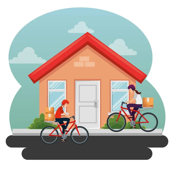 箱や家のある自転車の女性と男性 — ストックベクタ