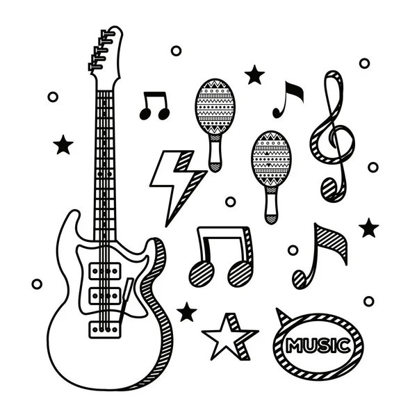Conjunto de guitarra elétrica e instrumento maracas com notas musicais —  Vetores de Stock