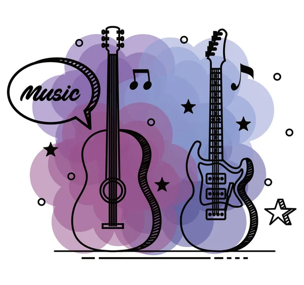 Guitars intruments with chat bubble message and notes — Stock Vector