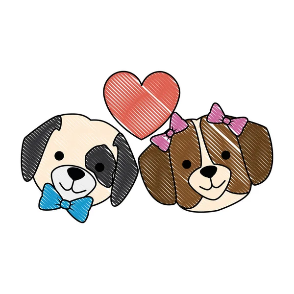 Lindo perros cabezas pareja amantes con corazones personajes — Archivo Imágenes Vectoriales